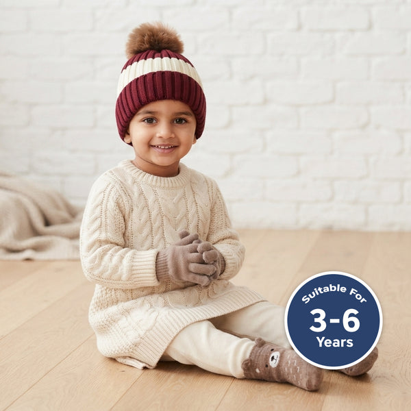 Baby Woolen Cap with Fur Lining, Colour Block Design Warm Ribbed Knit Faux Fur Pom Pom Winter Beanie for Boys & Girls (3-6 Years)