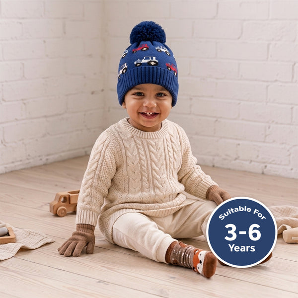 Baby Woolen Cap with Fur Lining, Tractor Design Warm Knitted Faux Fur Pom Pom Winter Beanie for Boys & Girls (3-6 Years)