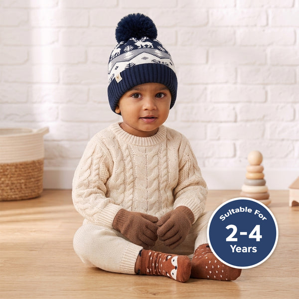 Baby Woolen Cap with Fur Lining, Reindeer Design Warm Knitted Pom Pom Winter Beanie for Boys & Girls (2-4 Years)