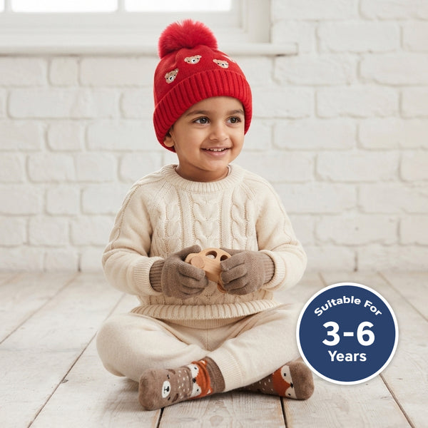 Kids Woolen Cap with Cute Teddy Bear Embroidery and Fluffy Pom Pom Warm, Cozy, Soft Knit Winter Hat for Babies and Toddlers (3-6 Years)