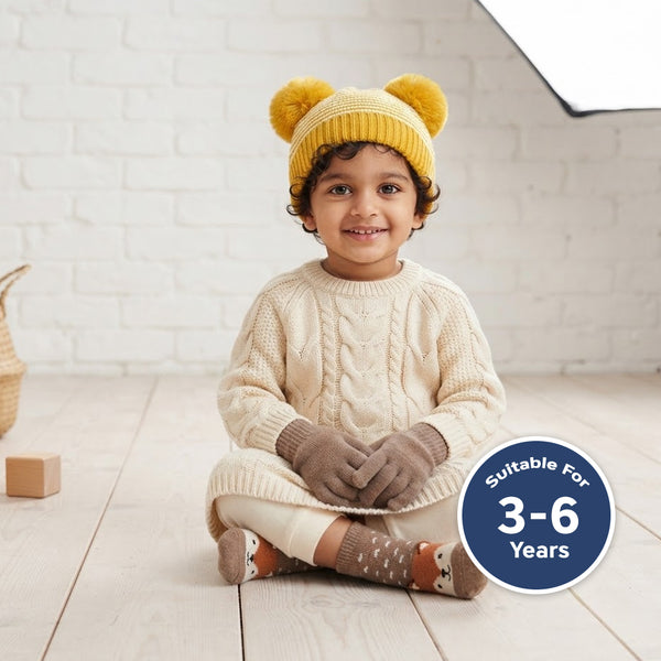 Kids Woolen Cap with Fur Lining, Striped Design Warm Knitted Double Pom Pom Winter Beanie for Boys & Girls (3-6 Years)