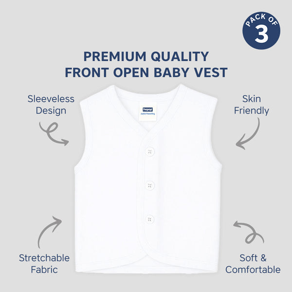 "Baby sleeveless cotton vest set – pack of 3 front open vests for comfort"