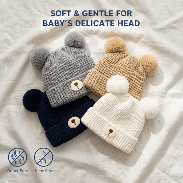 Kids Woolen Cap with Fur Lining, Bear Ears Design Warm Chunky Knit Double Pom Pom Winter Beanie for Boys & Girls (3-6 Years)