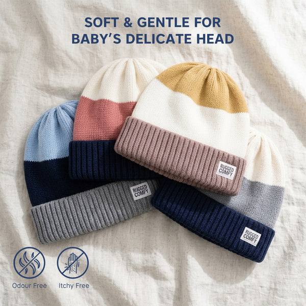 Baby Woolen Cap with Fur Lining, Colour Block Design Warm Knitted Winter Beanie for Boys & Girls (2-4 Years)