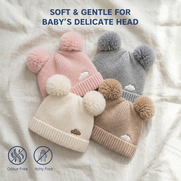 Baby Woolen Cap with Fur Lining, Zigzag Design Warm Knitted Faux Fur Pom Pom Winter Beanie for Boys & Girls (1-3 Years)