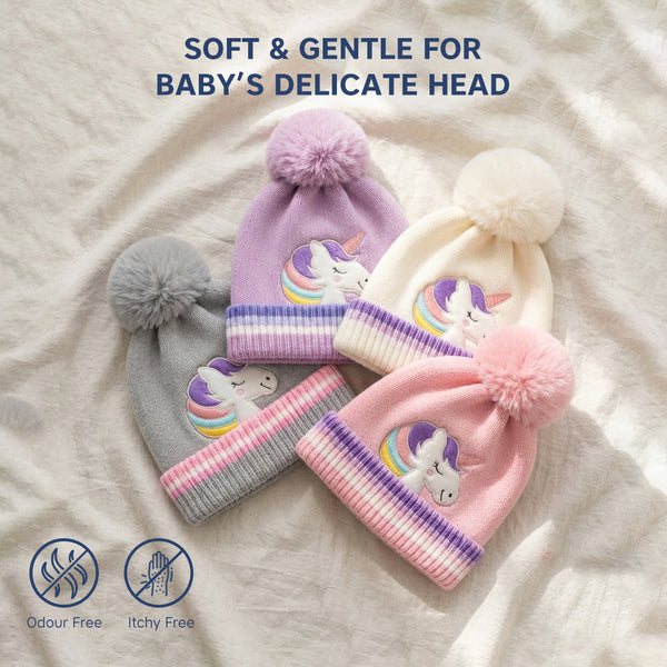 Kids Woolen Cap with Cute Unicorn Embroidery, Warm Winter Beanie with Soft Pom Pom and Folded Cuff for Boys & Girls (2-4 Years)