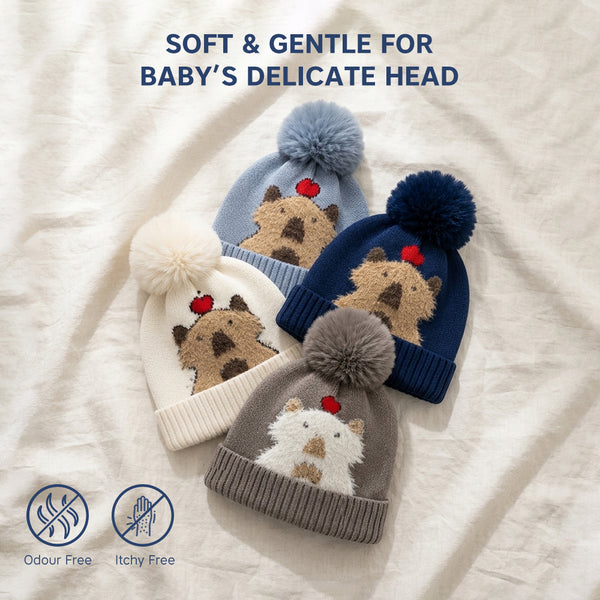 Kids Woolen Cap with Cute Bear Design, Warm Winter Beanie with Soft Pom Pom and Ribbed Folded Cuff for Boys & Girls (3-6 Years)