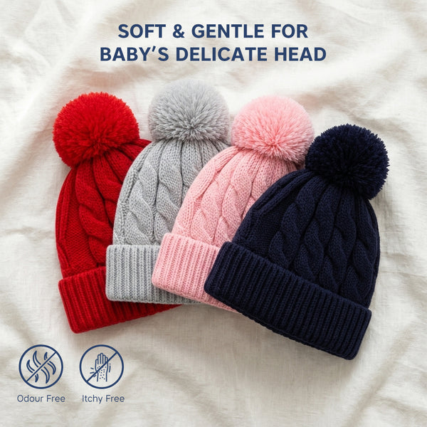 Baby Woolen Cap with Fur Lining, Cable Knit Design Warm Knitted Pom Pom Winter Beanie for Boys & Girls (1-3 Years)
