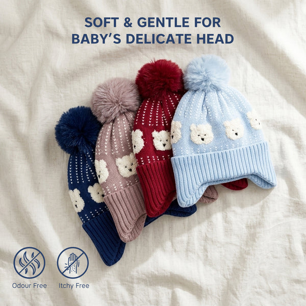 Kids Woolen Cap with Cute Bear Pattern, Warm Winter Beanie with Earflap Design, Soft Pom Pom and Ribbed Cuff for Boys & Girls (3-6 Years)