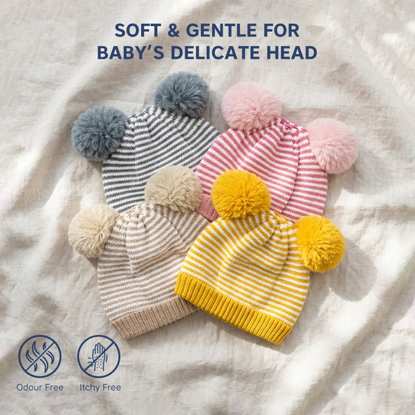 Kids Woolen Cap with Fur Lining, Striped Design Warm Knitted Double Pom Pom Winter Beanie for Boys & Girls (3-6 Years)