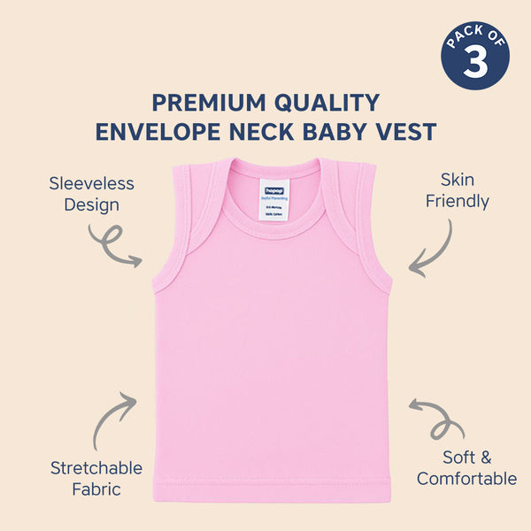 Baby Envelope Neck Sleeveless Vest – Pack of 3, Soft Cotton, Multicolor