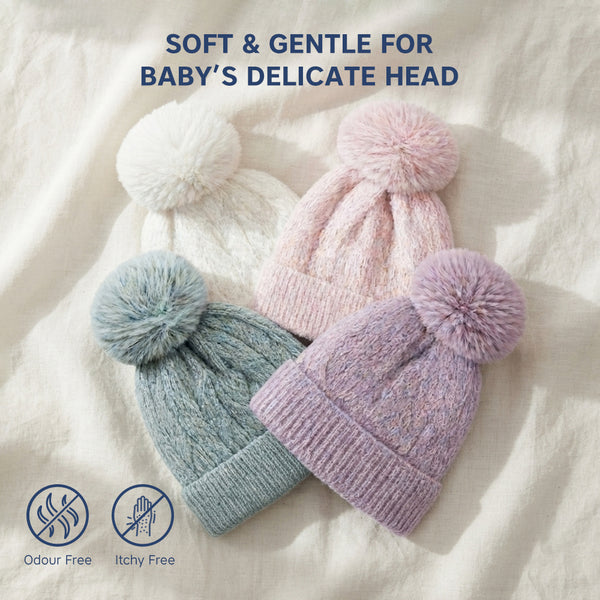 Kids Woolen Cap with Soft Pom Pom, Warm Winter Beanie with Ribbed Folded Cuff and Cozy Textured Design for Boys & Girls (3-6 Years)