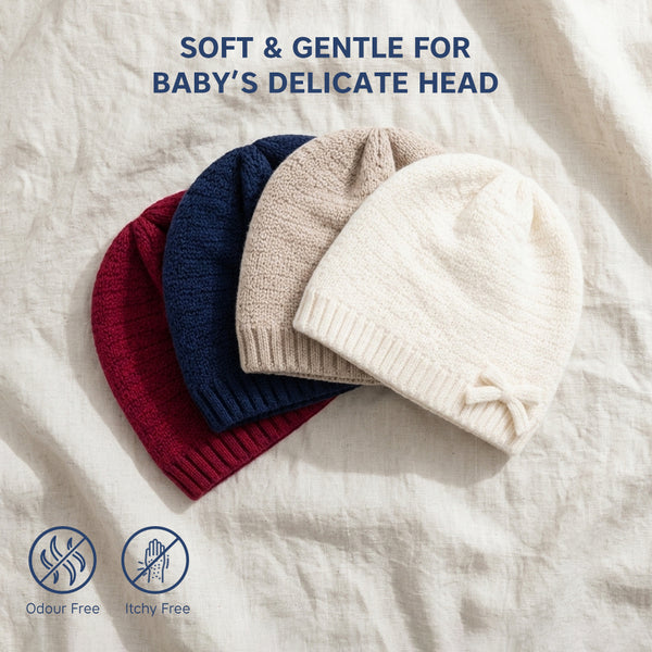 Baby Woolen Cap with Fur Lining, Bow Design Warm Knitted Winter Beanie for Boys & Girls (3-6 Years)