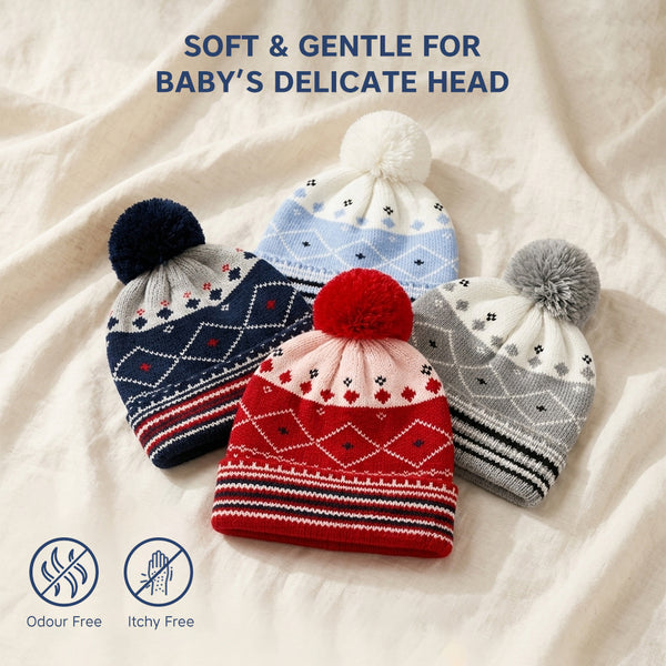 Baby Woolen Cap with Fur Lining, Diamond Design Warm Knitted Pom Pom Winter Beanie for Boys & Girls(2-4 Years)