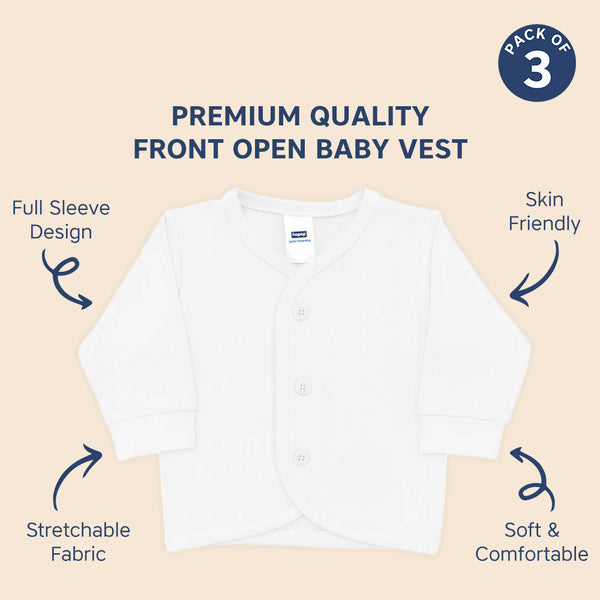 Hopop Baby Front Open Full Sleeves Cotton Vest Pack of 3 - White