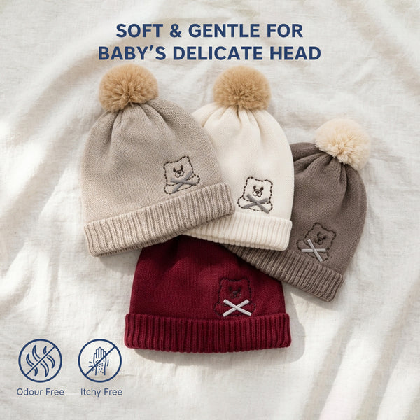 Baby Woolen Cap with Fur Lining, Embroidered Teddy Bear Design Warm Knitted Winter Beanie for Boys & Girls (2-4 Years)