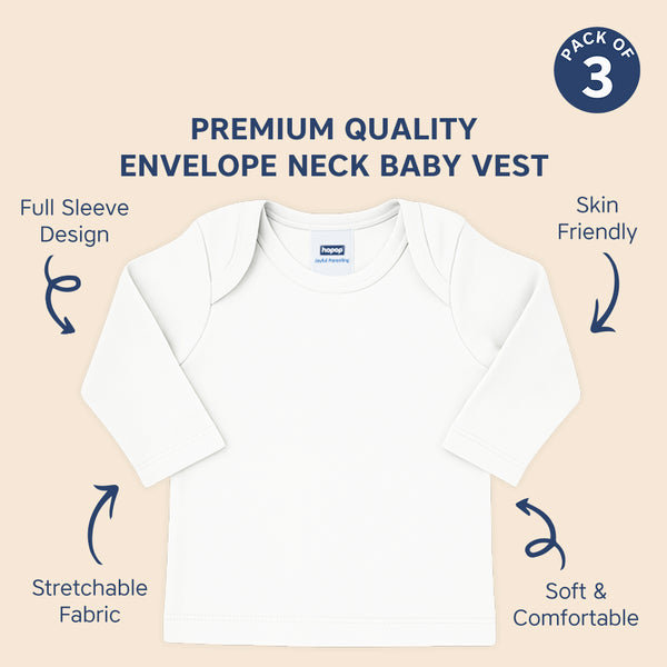 Hopop Baby Envelope Neck Full Sleeve Cotton Vest Pack of 3 - White