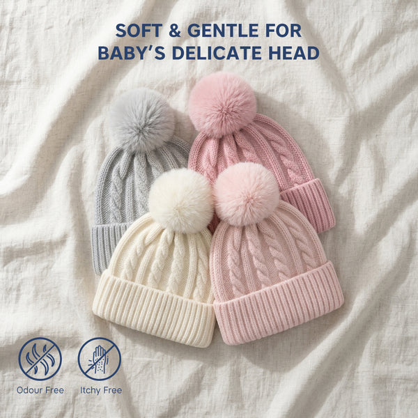 Baby Woolen Cap with Fur Lining, Cable Knit Design Warm Knitted Faux Fur Pom Pom Winter Beanie for Boys & Girls (1-3 Years)
