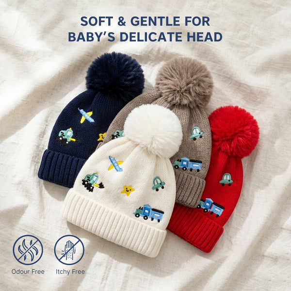 Kids Woolen Cap with Cute Vehicle Embroidery, Warm Winter Beanie with Soft Pom Pom and Ribbed Folded Cuff for Boys & Girls (3-6 Years)