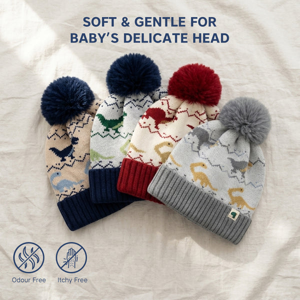 Kids Woolen Cap with Dinosaur Pattern and Soft Pom Pom, Warm Winter Beanie with Folded Cuff for Boys & Girls (3-6 Years)