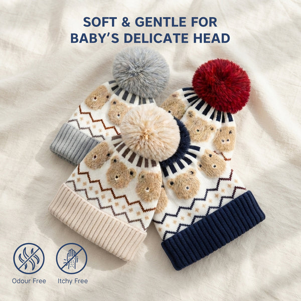 Kids Woolen Cap with Fur Lining, Fluffy Teddy Bear Design Warm Knitted Faux Fur Pom Pom Winter Beanie for Boys & Girls (3-6 Years)