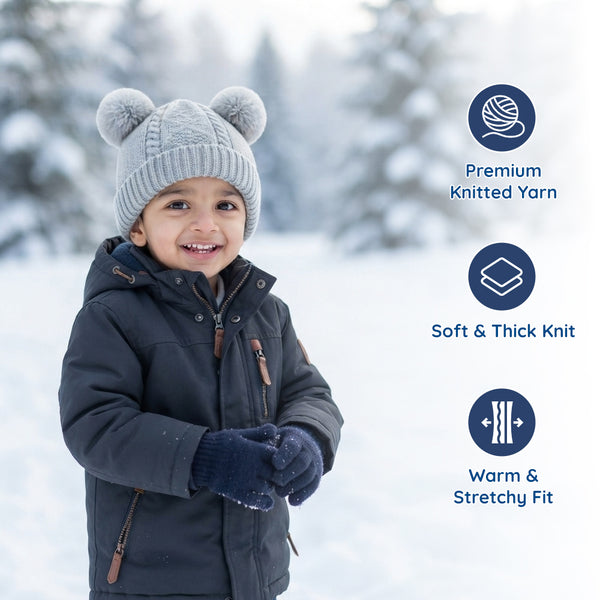 Kids Woolen Cap with Double Pom Poms, Warm Winter Beanie with Cable Knit Pattern and Ribbed Folded Cuff for Boys & Girls (3-6 Years)