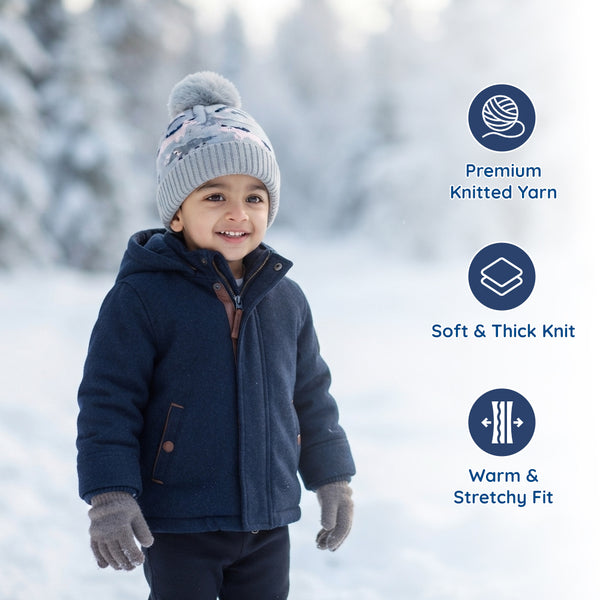 Kids Woolen Cap with Cute Dinosaur Print, Warm Winter Beanie with Soft Pom Pom and Ribbed Folded Cuff for Girls (3–6 Years)