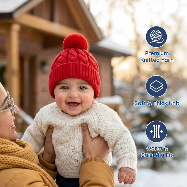 Baby Woolen Cap with Fur Lining, Cable Knit Design Warm Knitted Pom Pom Winter Beanie for Boys & Girls (1-3 Years)
