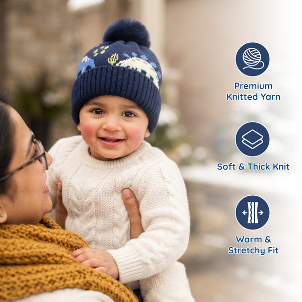 Kids Woolen Cap with Fur Lining, Dinosaur Design Warm Knitted Faux Fur Pom Pom Winter Beanie for Boys & Girls (3-6 Years)