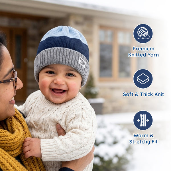 Baby Woolen Cap with Fur Lining, Colour Block Design Warm Knitted Winter Beanie for Boys & Girls (2-4 Years)