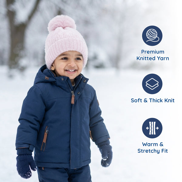 Kids Woolen Cap with Soft Pom Pom, Warm Winter Beanie with Ribbed Folded Cuff and Cozy Textured Design for Boys & Girls (3-6 Years)