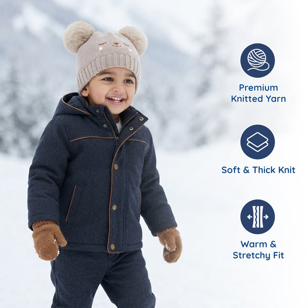 Kids Woolen Cap with Cute Bear Face, Warm Winter Beanie with Double Pom Poms and Ribbed Folded Cuff for Girls (2–4 Years)
