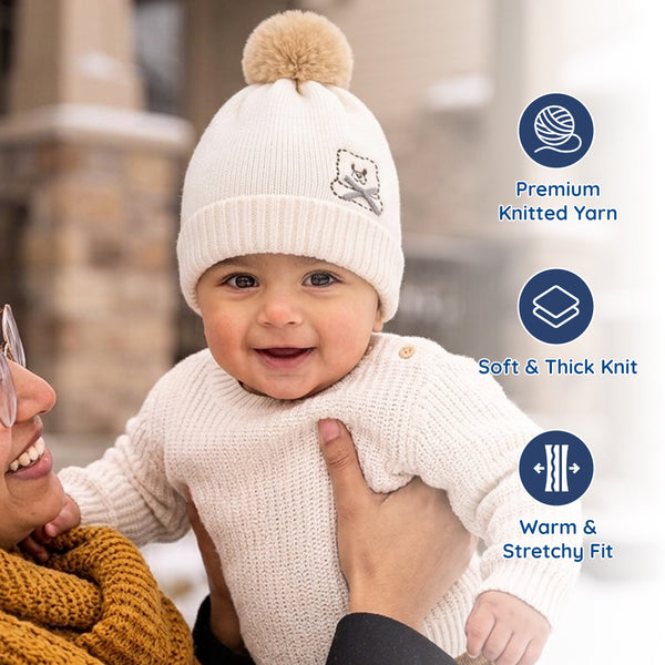 Baby Woolen Cap with Fur Lining, Embroidered Teddy Bear Design Warm Knitted Winter Beanie for Boys & Girls (2-4 Years)
