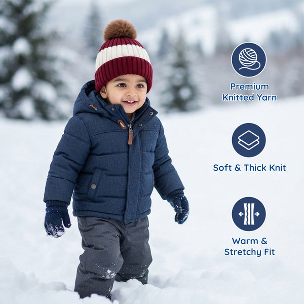 Baby Woolen Cap with Fur Lining, Colour Block Design Warm Ribbed Knit Faux Fur Pom Pom Winter Beanie for Boys & Girls (3-6 Years)
