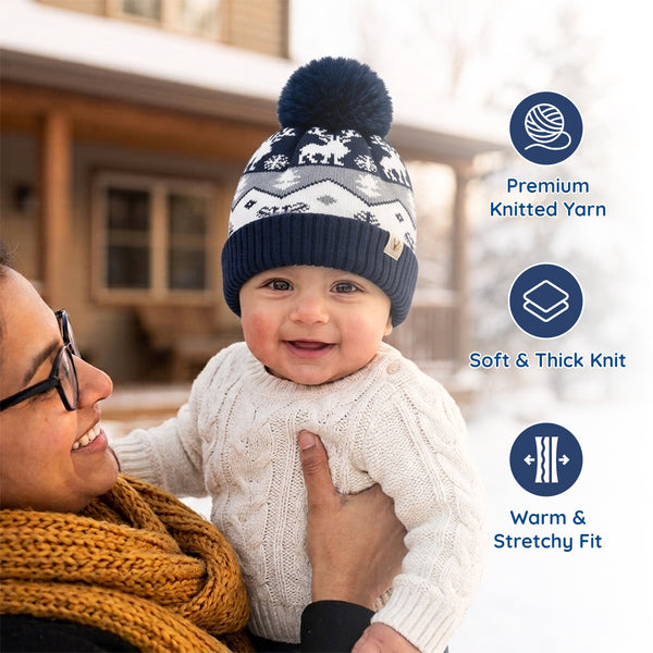 Baby Woolen Cap with Fur Lining, Reindeer Design Warm Knitted Pom Pom Winter Beanie for Boys & Girls (2-4 Years)