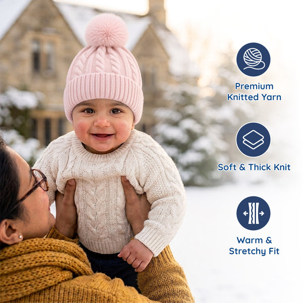 Baby Woolen Cap with Fur Lining, Cable Knit Design Warm Knitted Faux Fur Pom Pom Winter Beanie for Boys & Girls (1-3 Years)