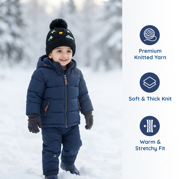 Kids Woolen Cap with Cute Vehicle Embroidery, Warm Winter Beanie with Soft Pom Pom and Ribbed Folded Cuff for Boys & Girls (3-6 Years)