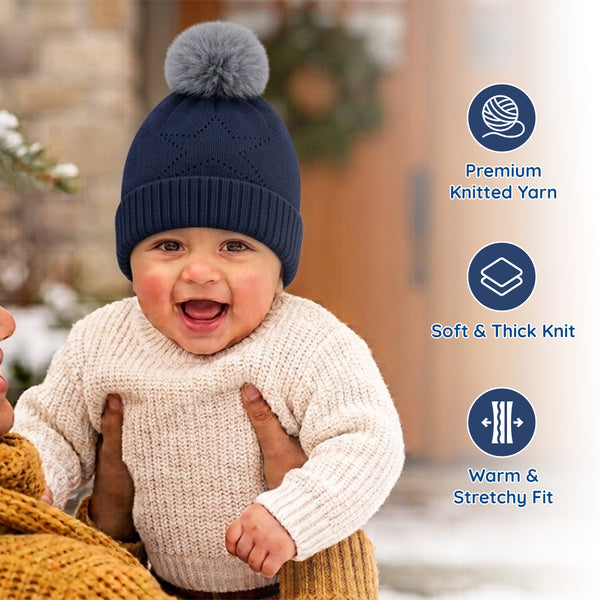 Baby Woolen Cap with Fur Lining, Star Design Warm Knitted Pom Pom Winter Beanie for Boys & Girls (1-3 Years)