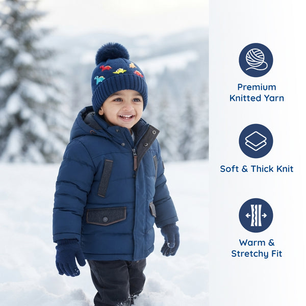 Kids Woolen Cap with Cute Dinosaur Embroidery and Fluffy Pom Pom Warm, Cozy Knitted Winter Hat with Soft Fur Lining for Boys and Girls (2-4 Year)
