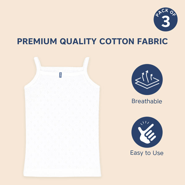 Hopop Baby Girls Sleeveless Cotton Camisole Vest Pack of 3 - White