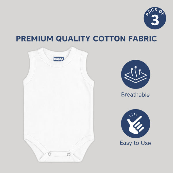 "Soft cotton baby rompers – sleeveless round neck, pack of 3 for daily wear"