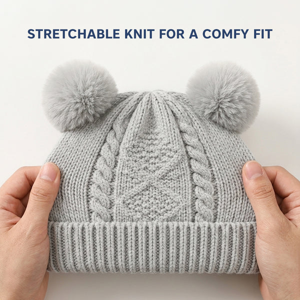 Kids Woolen Cap with Double Pom Poms, Warm Winter Beanie with Cable Knit Pattern and Ribbed Folded Cuff for Boys & Girls (3-6 Years)