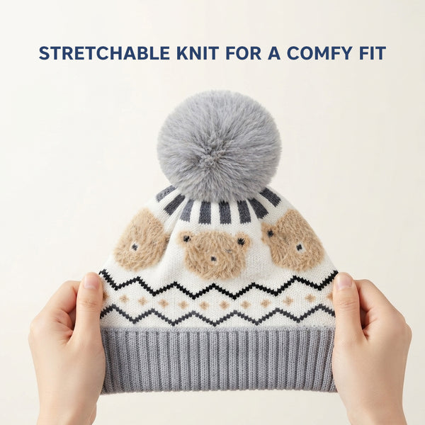 Kids Woolen Cap with Fur Lining, Fluffy Teddy Bear Design Warm Knitted Faux Fur Pom Pom Winter Beanie for Boys & Girls (3-6 Years)