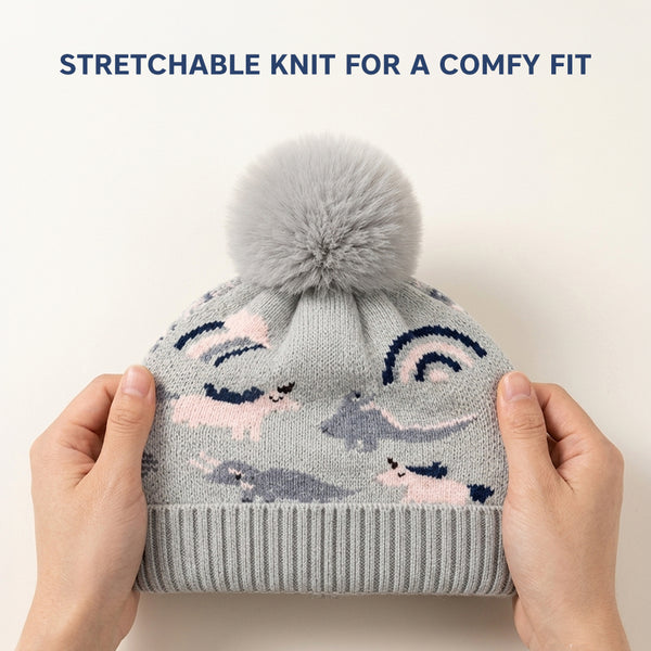 Kids Woolen Cap with Cute Dinosaur Print, Warm Winter Beanie with Soft Pom Pom and Ribbed Folded Cuff for Girls (3–6 Years)