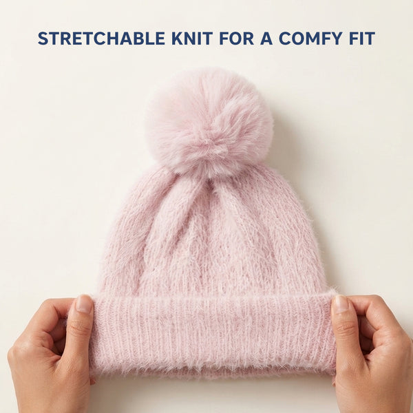 Kids Woolen Cap with Soft Pom Pom, Warm Winter Beanie with Ribbed Folded Cuff and Cozy Textured Design for Boys & Girls (3-6 Years)