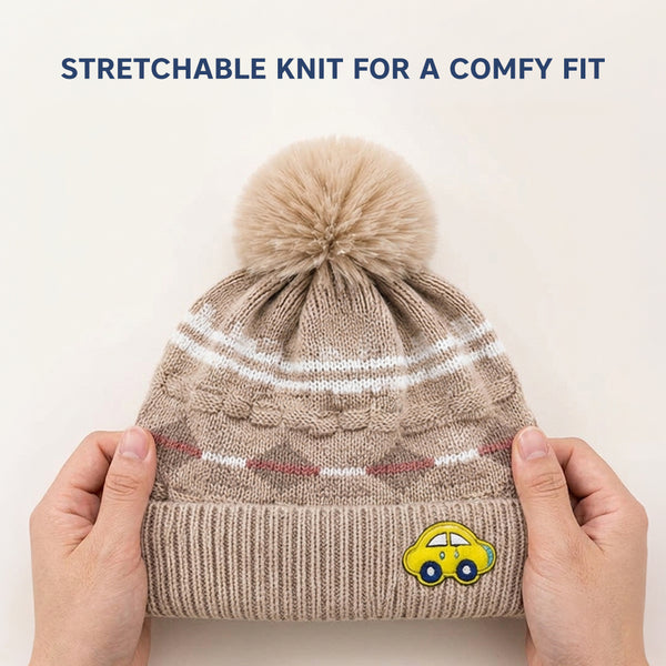 Baby Woolen Cap with Fur Lining, Car Patch Design Warm Knitted Pom Pom Winter Beanie for Boys & Girls (1-3 Years)
