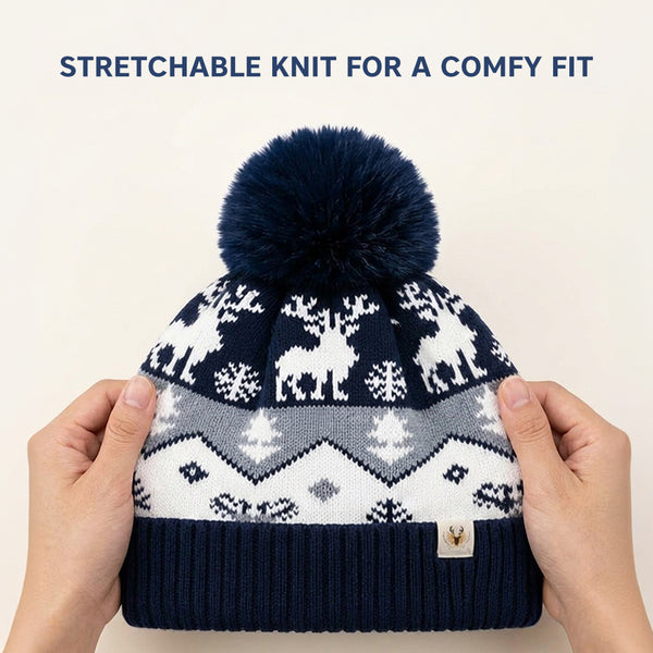 Baby Woolen Cap with Fur Lining, Reindeer Design Warm Knitted Pom Pom Winter Beanie for Boys & Girls (2-4 Years)
