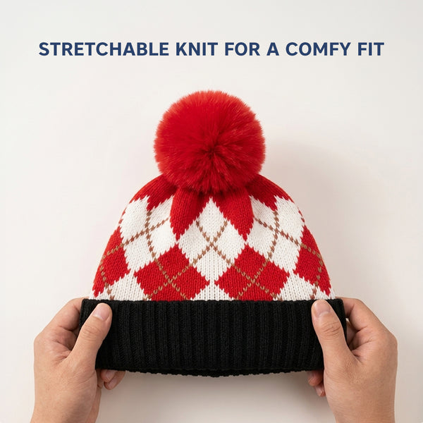 Kids Woolen Cap with Fur Lining, Argyle Design Warm Knitted Faux Fur Pom Pom Winter Beanie for Boys & Girls (3-6 Years)