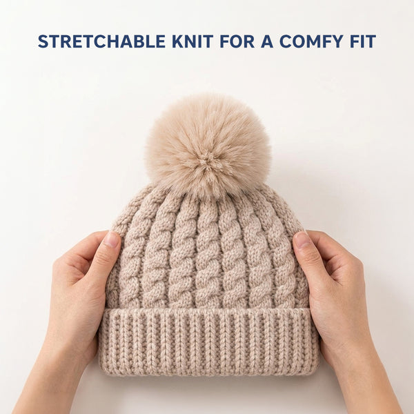 Baby Woolen Cap with Fur Lining, Cable Knit Design Warm Knitted Pom Pom Winter Beanie for Boys & Girls (0-1 Years)