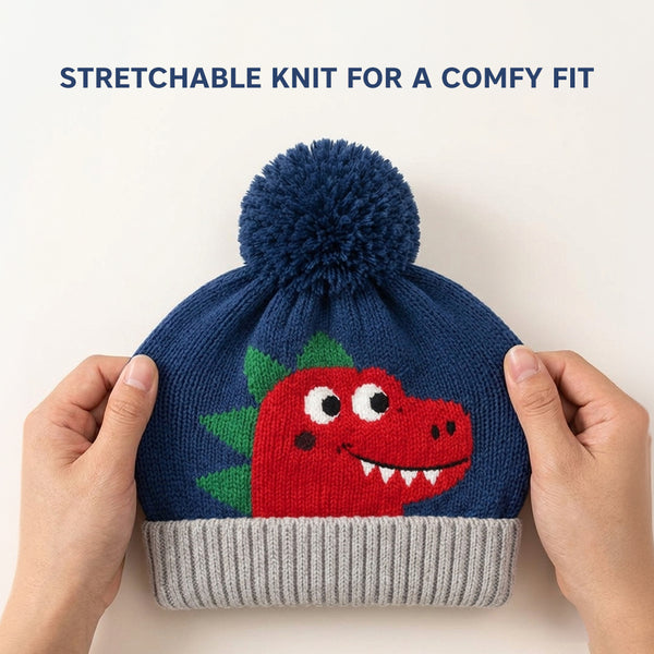 Baby Woolen Cap with Fur Lining, Cute Dinosaur Face Design Warm Knitted Pom Pom Winter Beanie for Boys & Girls (2-4 Years)